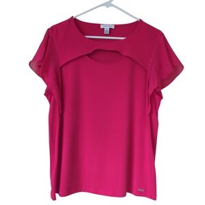 Calvin Klein Chiffon Short Flutter Sleeve Keyhole Cut-Out Blouse LARGE Magenta